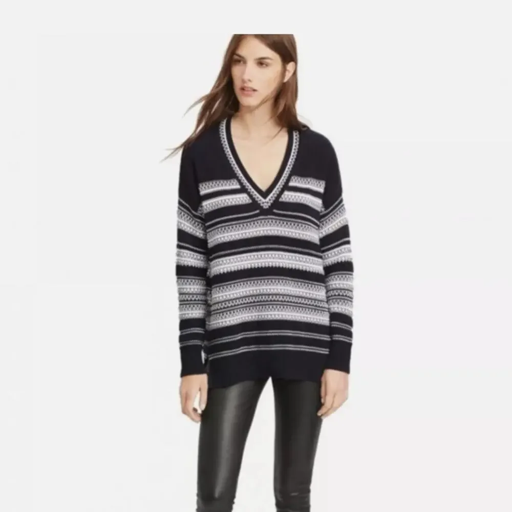 Vince Black and White Striped V-Neck Sweater